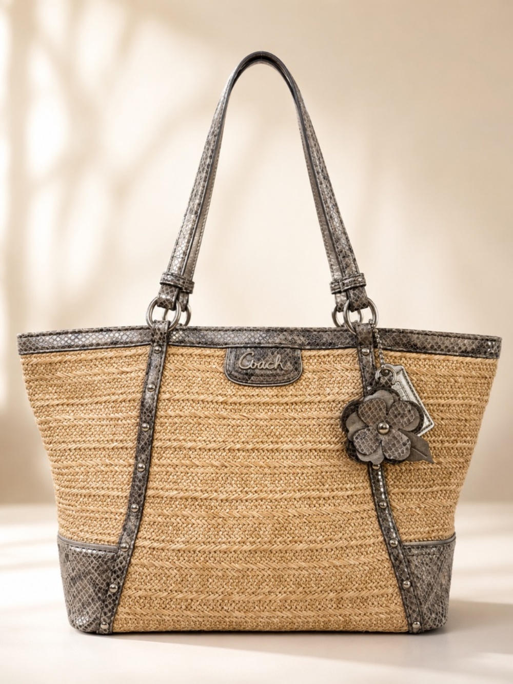 Coach Alexandra Woven Straw Tote Bag with Python Leather Trim (Style F21959)